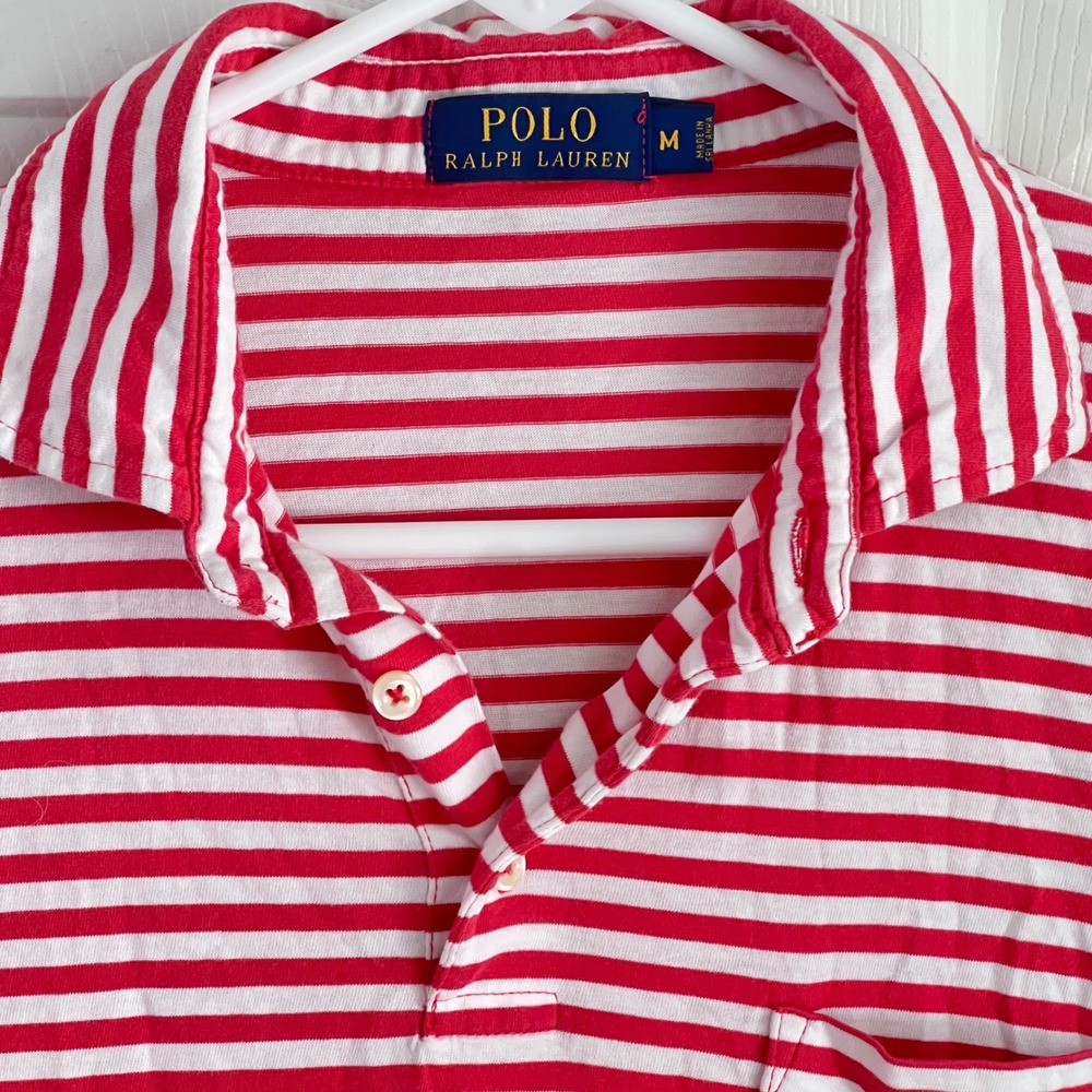 Polo Ralph Lauren Polo Shirt Medium Mens Striped Pocket Red White Nautical Prep
